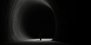 Piccola figura solitaria in fondo a un lungo e buio tunnel circolare per la notte oscura dell'anima