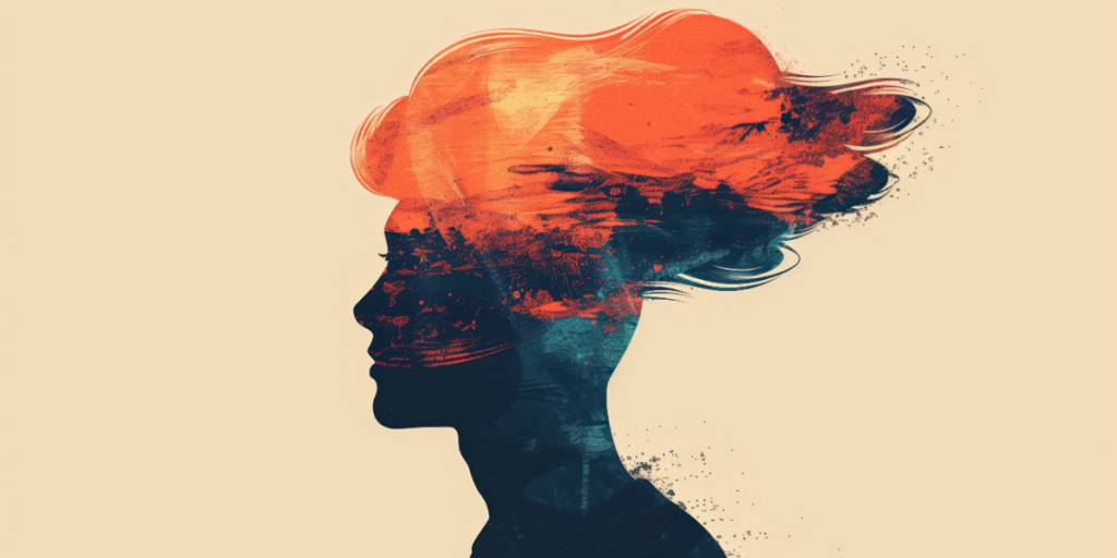 Illustrazione del profilo di una persona con la mente frammentata e in tempesta per spiegare come gestire la paura di fallire