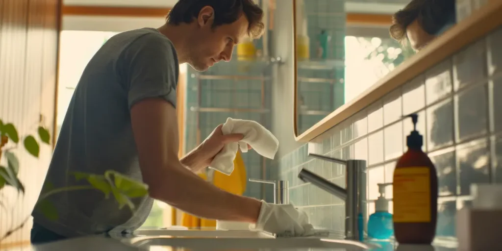 Un uomo che pulisce un bagno moderno, simbolo delle piccole azioni quotidiane per riprendere il controllo contro l'ansia e la depressione.