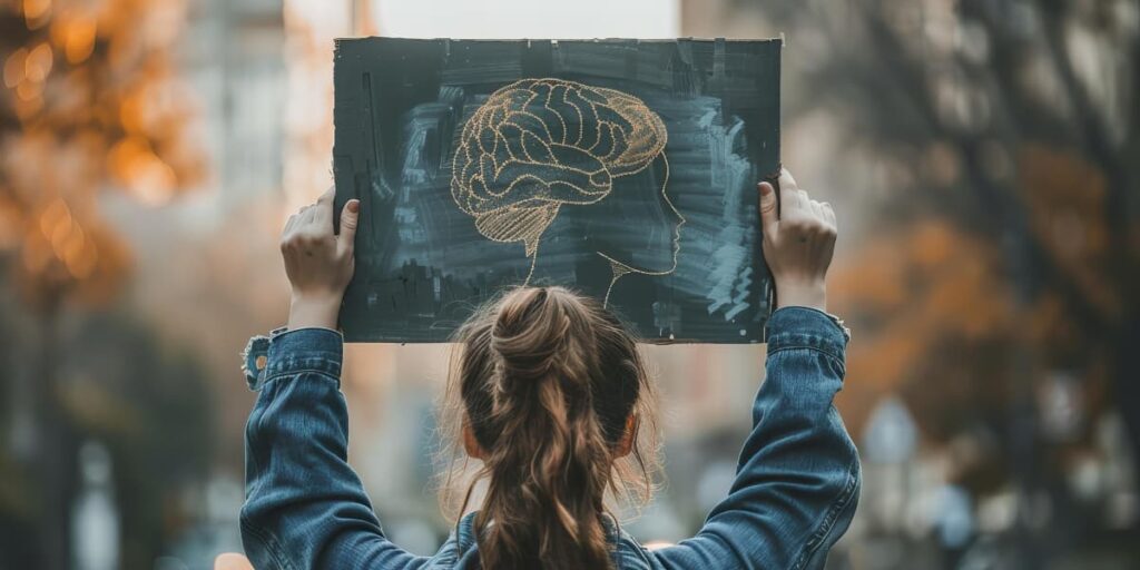 Donna di spalle che solleva un cartello con l'illustrazione di un cervello umano e del profilo della mente, simbolo del controllo mentale e della depressione.