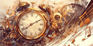 Copertina dell'articolo del blog sul significato dei numeri specchio: un'opera d'arte con un orologio sveglia d'oro vintage, ingranaggi e note musicali su uno sfondo astratto e sognante.
